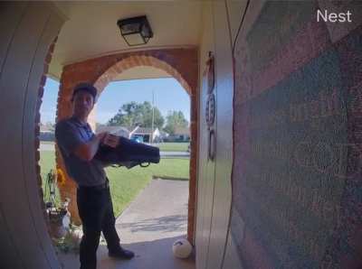 Squirrel jumps into home while pizza man makes delivery