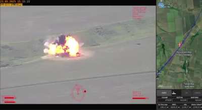 A Russian armored vehicle was destroyed by a Stugna-P ATGM near the village of Popiv Yar in Donetsk Oblast (May 23, 2025)