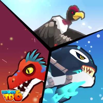 "Do you think you can handle these beasts? 🦈🦖🦅" "Coming soon to BTD6! 🎈"