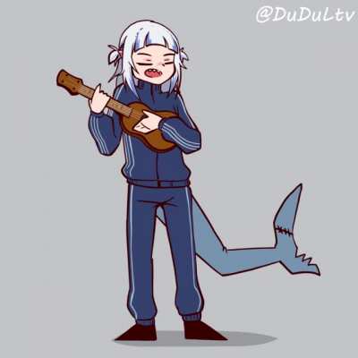 Gura squats while playing ukulele