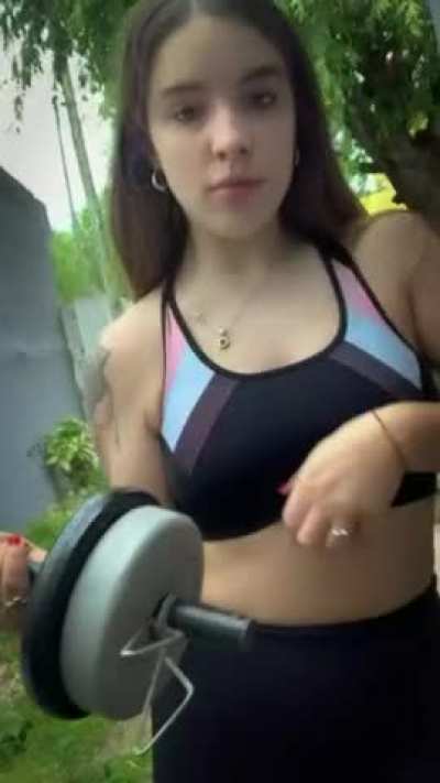 Working out without a bra is much more fun don't you think... hope no one saw me showing my 18 year old tits haha - can i be ur fuckdoll?