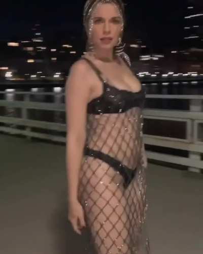 Booty in thong, under crystal chain midi dress (Julia Fox - AREA IG, 7/8/20)