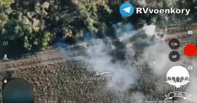 A Ukrainian Bradley IFV is knocked out by a frontal Kornet ATGM hit, seven crewmembers run to the nearby treeline while under fire, south of Vovche