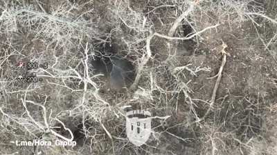 Ukrainian drone team "Hora Group" posted video (Feb. 24, '24) of munition drops against RU infantry, claiming 7 WIA, 1 KIA in unnamed direction