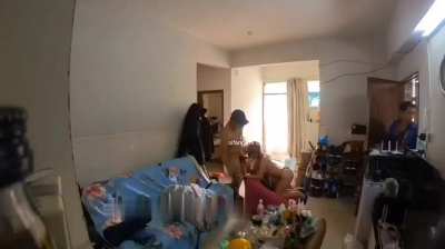 Asian Couple Fucking In The Trash of Their Home in front of Workers