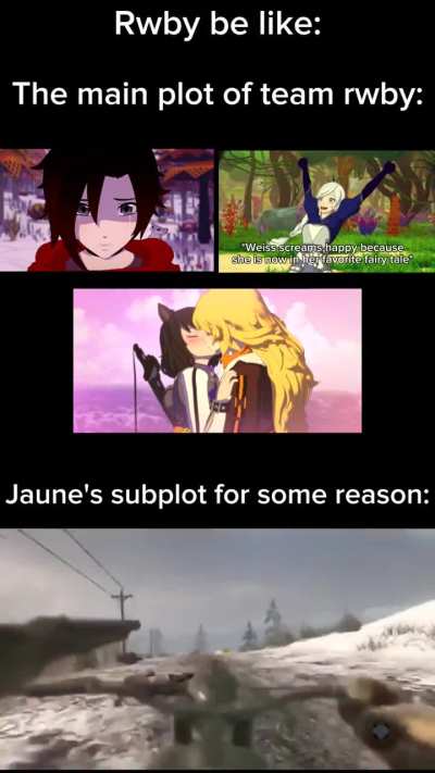 Jaune's subplot is like: I want to be a huntsman -&amp;gt; I want to avenge my mentor and best friend -&amp;gt; It's okay to move on and let go of feelings of revenge -&amp;gt; *Sounds of rusty armor, psychological abuse and suicidal temptations*