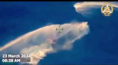 Philippine resupply boat "Unaiza Mae 4" sits disabled and dead in the water as it succumbs to the China Coast Guard's water cannon onslaught..