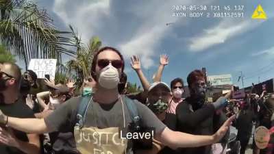 LAPD release bodycam footage of clashes with a mob on may 30th, in response to a use of force complaint from a man (Steyn) whose nut was busted by a 40mm sponge round after he kicked a police officer
