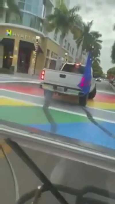 Florida MAGA celebrates Trump's birthday by using his pickup truck to ruin a Pride crosswalk. This Florida MAGA has been arrested, and faces a hate crimes charge.