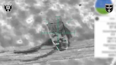 A Russian MT-LB with infantry riding on top is hit by a Ukrainian drone dropped munition and destroyed (Zaporizhzhia front)