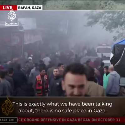 While Aljazeera reporter was live Israeli occupation forces bombed near a hospital in Rafah, South Gaza in a residential area where displaced Gazans from North Gaza were sheltering murdering 10 civilians and wounding dozens including Aljazeera broadcast e