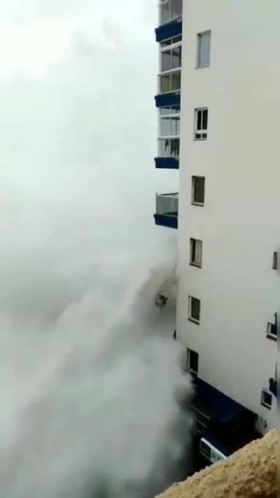 Waves tearing off balcony on Tenerife.