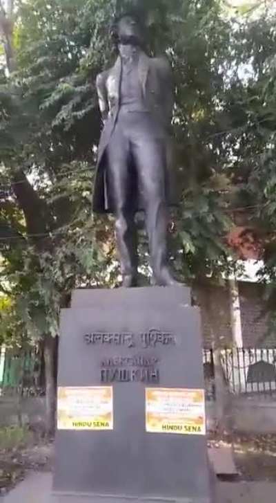 Posters put on Russian Poet Alexander Pushkin's statue at Delhi's roundabout sayings, "Akhand Russia" lauding "Russia establishing Soviet Union".