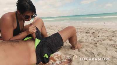 We almost get caught fooling around on the public beach. I still cum in her mouth! [gif]