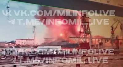 A moment of destruction of the Russian missile ship "Askold" in Kerch (the temporarily occupied Crimea). This was the new Russian ship and it would carry Kalibr missiles