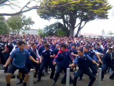 Students of Kelston Boys&rsquo; High School perform a massive haka in honour of the new Maori carving on campus (volume warning)