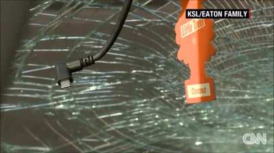 Flying object impales windshield
