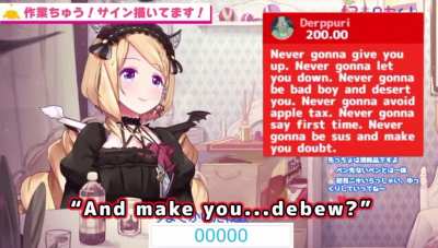 Aki receives a Rick roll susperchat and proceeds to read it in almost perfect English.🥰🍎
