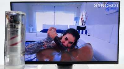 Spit twice+tit fuck+deep throat+testicle licking within 20 seconds with Arabelle Raphael