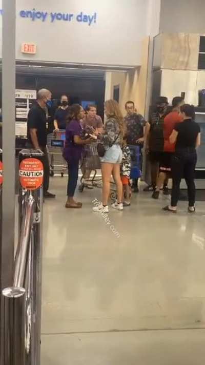 Man kicks another dude in the head because you got caught ejaculating on his wife and son in Walmart