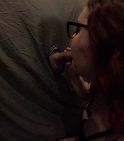 Worshipping hubby&rsquo;s cock thru our at home gloryhole pt2