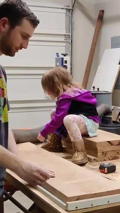 Teaching my daughter about grain direction and how to use a planer sled. She wanted to help build her bookshelf