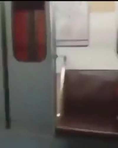 A Giant freaks out in the subway before reaching the station he breaks the window with his bare hands and then rips open the doors.