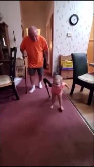 Baby imitates her grandpa&rsquo;s walk with a cane, 😂😆