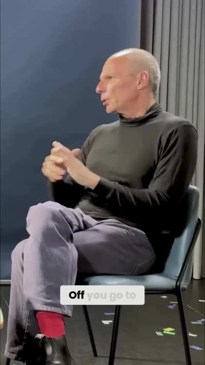 Yanis Varoufakis explaining the difference between profit and rent, saying rent is a leakage from the capitalist flow of income, and when rents exceed a certain threshold, the capitalistic system will stall