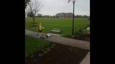 [OC] banana slips on man