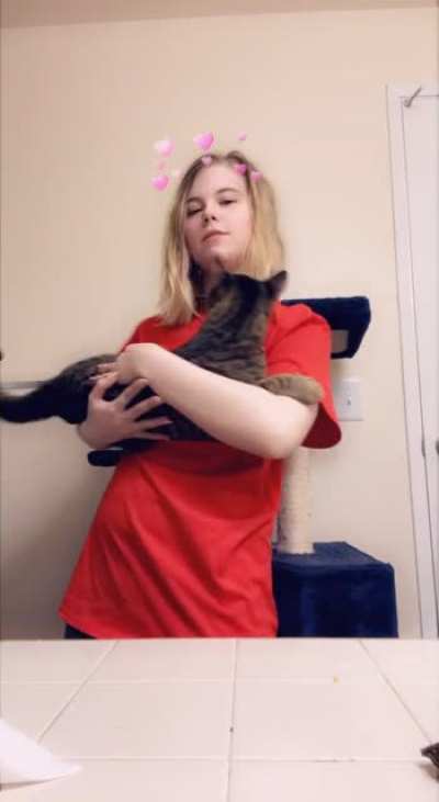 Kinda embarrassing video of me BUT my 16/17 pound 7 month old kitten (he&rsquo;s HUGE) still wants to be held like a baby. He&rsquo;s too big for me to flip him like I used to so now he climbs me and slides down until I catch him. Finally got a video