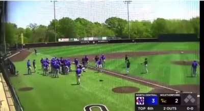 Owen Woodward (Weatherford College) absolutely levels Josh Phillips (North Central Texas College) as Phillips rounds the bases after a homer 😳
