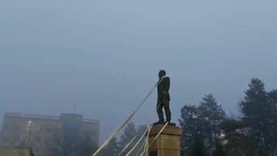 Kazakhstan. People getting rid of Nazarbaev&rsquo;s(the first president that was there for 30 years) statue. The airports are closed, network is down too.