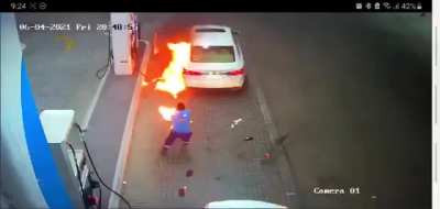 mobile card machine exploded in gas station causes fire.
