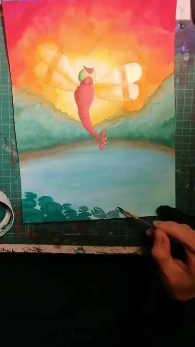Yanma flying over a pond somewhere in the johto-region, maybe near lake of rage or somekind, Pokedex251-Project, gotta paint 'em all, aquarell + acryl