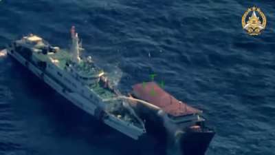 Reminiscent of age of sail combat the China Coast Guard rakes a dazed Philippine resupply boat as it previously received a direct hit to it's bridge causing minor injuries and damage. March 5, 2024