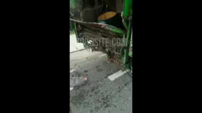 Trash man gets obliterated by flatbed.