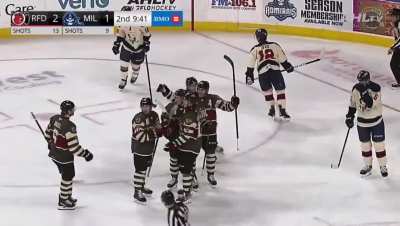In a game with 5 fights, we have a Rinzel to Korchinski to Lardis goal.  Rockford would win 3-1.