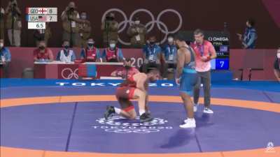 Olympic Wrestler Gable Steveson winning gold in the last 0.2 seconds of his match.