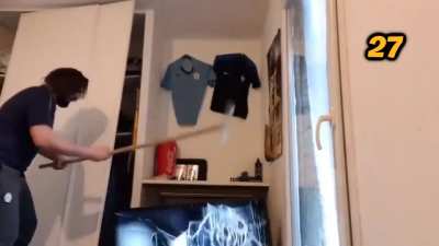 Guy wrecks TVs when his team loses or when he loses a bet
