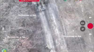 A Ukrainian Infantry Squad is hit by a drone dropped grenade with one being left behind as they try and exit in a IFV near Zhuravlevka - Belgorod Region 
