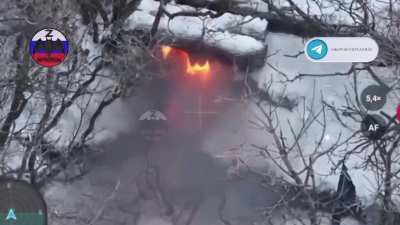 Ukrainian soldiers emerge from a burning trench after an FPV drone strike by &ldquo;Myron&rsquo;s Company.&rdquo; Published January 26, 2026.