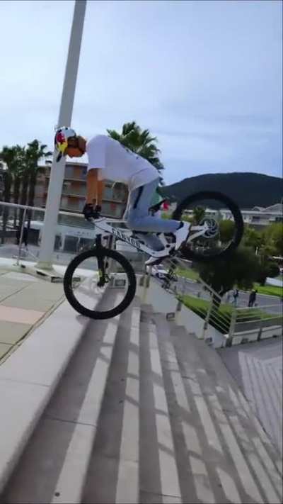 Cyclist Does Backwards Front Wheel Catwalk Down Stairs