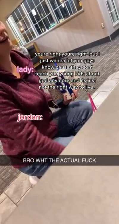 Christian Karen assumes two kids are on a date at restaurant, tries to convert them.