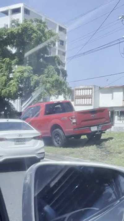There&rsquo;s major traffic so she tried to go to the other side. Her truck couldn&rsquo;t make it up and kept slipping on the grass. Gave up and ended up one car ahead&hellip;still stuck in traffic.