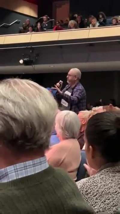 Teacher makes passionate speech to US Rep Paul Tonko. 