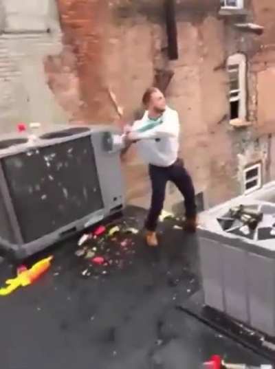 hit the bottles with baseball bat from the roof and karma hurt you