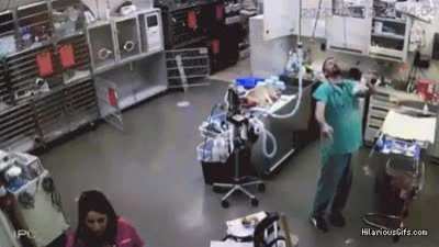 Trying to hit your coworker with your glove