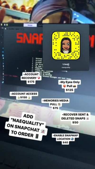 CONTACT "@NAEQUALITY" On SC // Tele to order special account services such as account access , recovery, my eyes only &amp;amp; memories , messages &amp;amp; deleted snaps + even more for SC, IG, FB, OF &amp;amp; ECT!