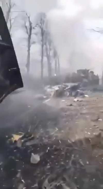 Obliterated russian column in Bucha 27.02.22, archive footage